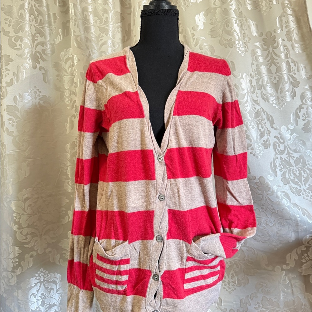 Stylish Red and Tan Striped Women's Cardigan/B080